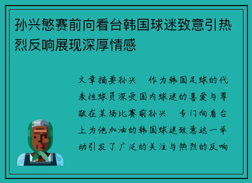 孙兴慜赛前向看台韩国球迷致意引热烈反响展现深厚情感